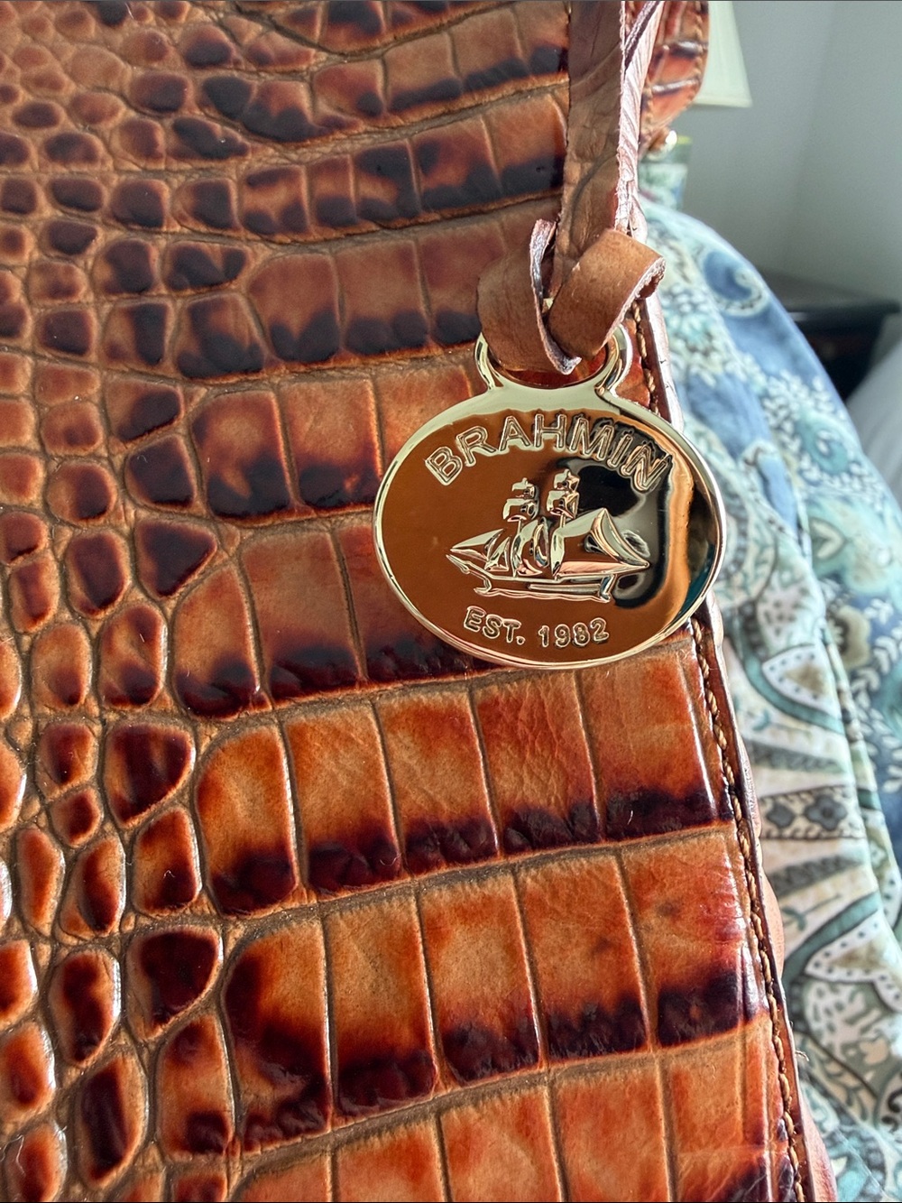 Brahmin Cognac Croc-Embossed Leather Shoulder Bag - Picture 2 of 8